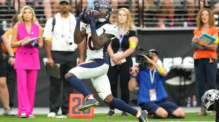 Oct 2, 2022; Paradise, Nevada, USA; Denver Broncos wide receiver Jerry Jeudy (10) makes a catch against the Las Vegas Raiders during a game at Allegiant Stadium.